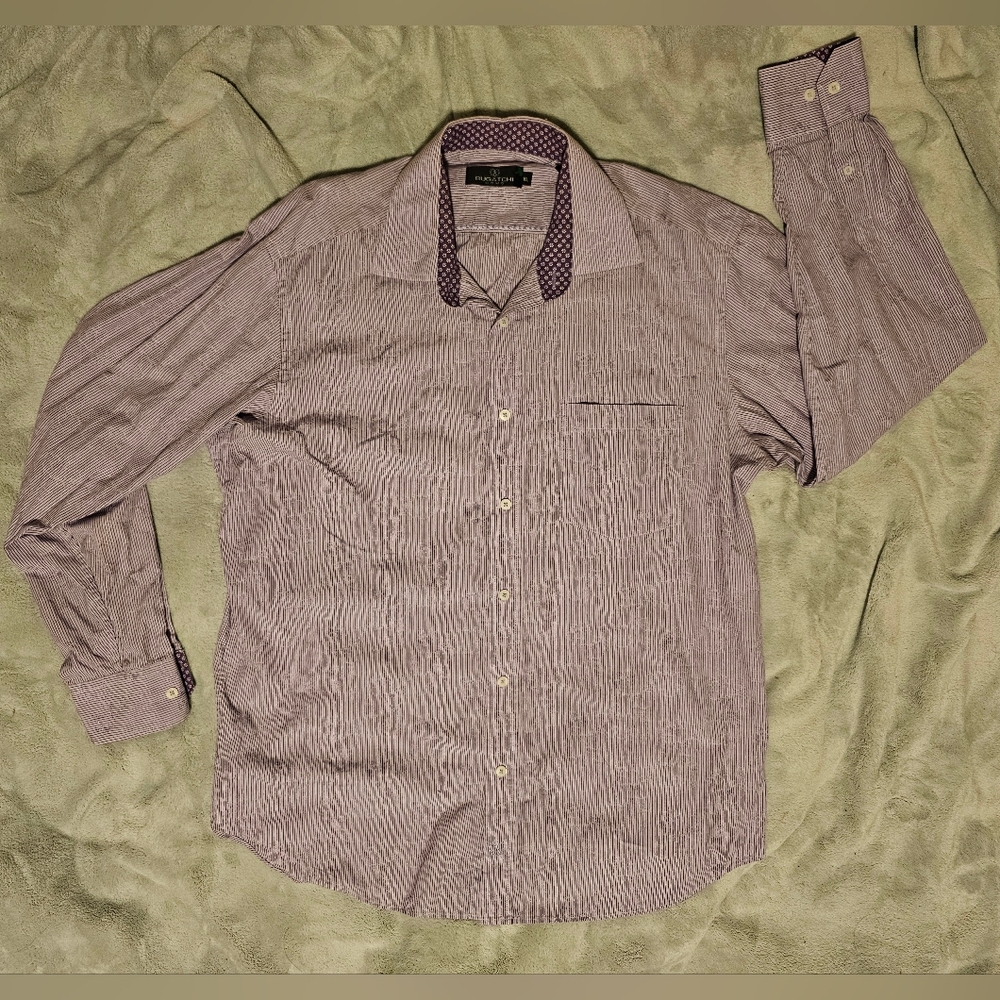 Bugatchi Uomo Lavender Stripes Button-Down Long Sleeve Shirt Sewn Floral Pattern
